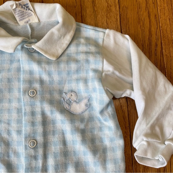 VINTAGE BABY BLISS BLUE GINGHAM EMBROIDERED DUCK GRAPHIC PAJAMAS SIZE 6 MONTHS - Picture 3 of 7